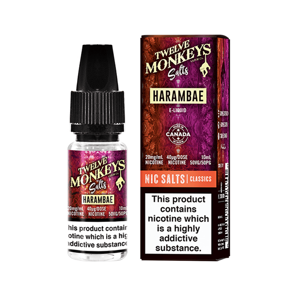 Twelve Monkeys Harambae Nic Salts 10ml bottle and packaging with product details.