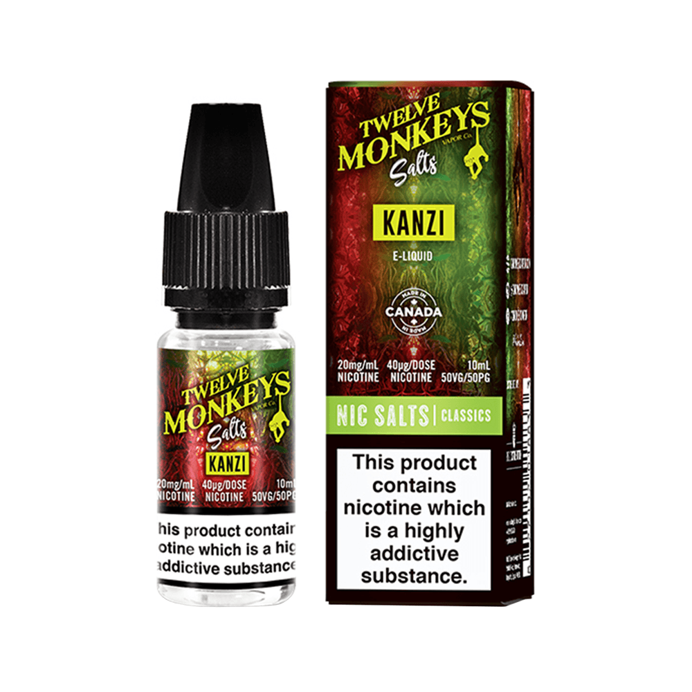 Twelve Monkeys Kanzi 10ml Nic Salts box and bottle, featuring vibrant green and red design.