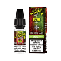 Twelve Monkeys Kanzi 10ml Nic Salts box and bottle, featuring vibrant green and red design.