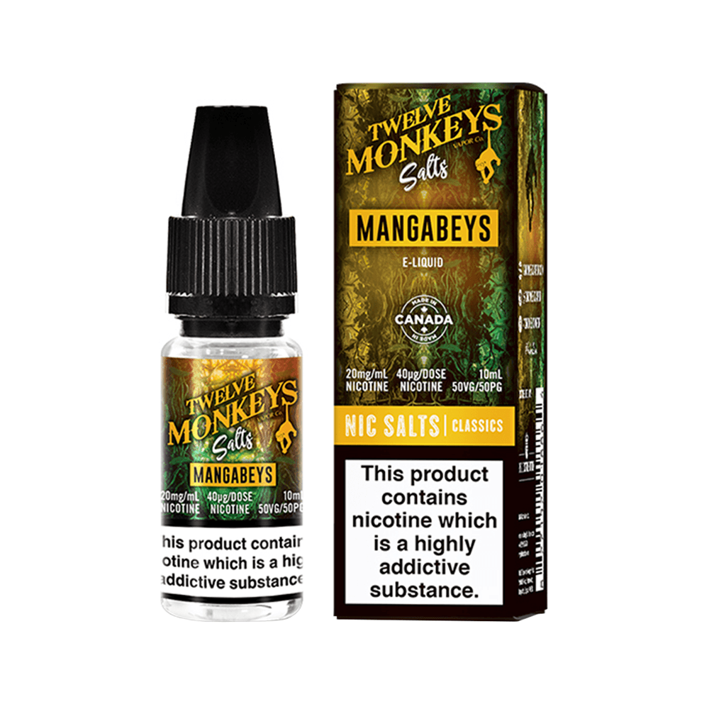 Twelve Monkeys Mangabeys Nic Salts 10ml bottle and box, featuring a jungle-themed design.