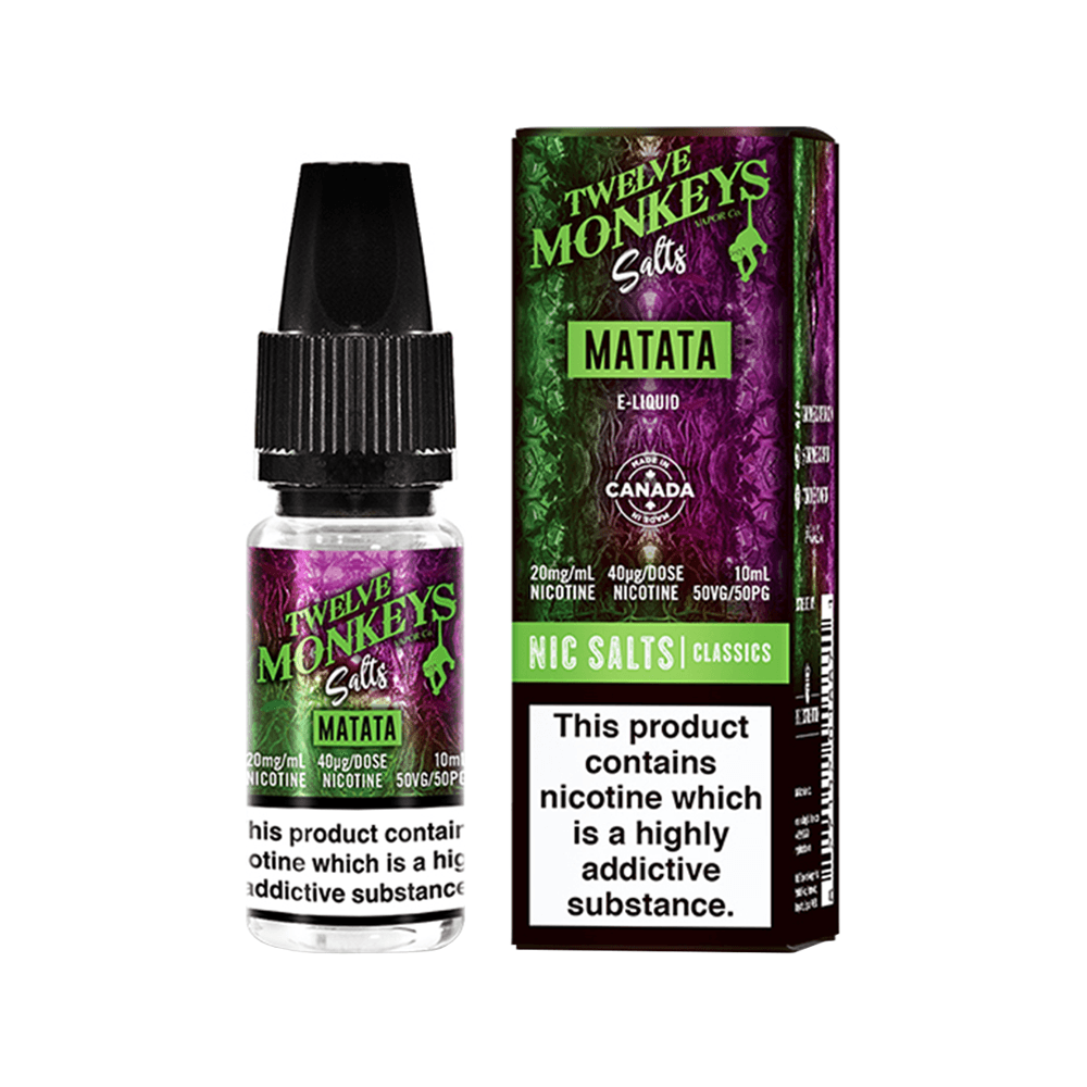 Twelve Monkeys Matata Nic Salts 10ml e-liquid bottle and box with vibrant purple and green design.