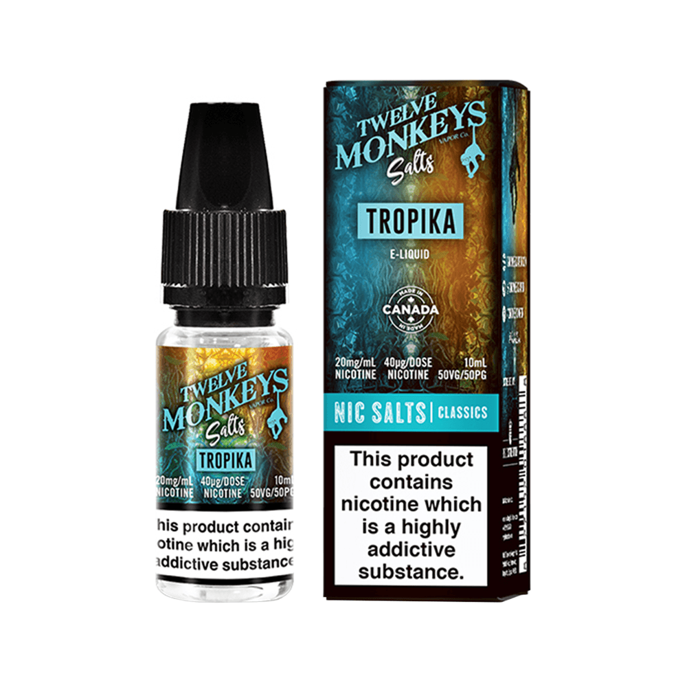 Twelve Monkeys Tropika 10ml Nic Salts bottle and box, featuring nicotine warning label.