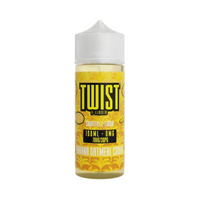 A bottle of Twist E-Liquid, 100ml shortfill, banana oatmeal cookie flavour.