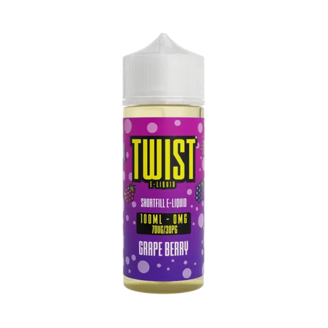 Bottle of Twist E-Liquid, Grape Berry flavour, 100ml shortfill with purple label.