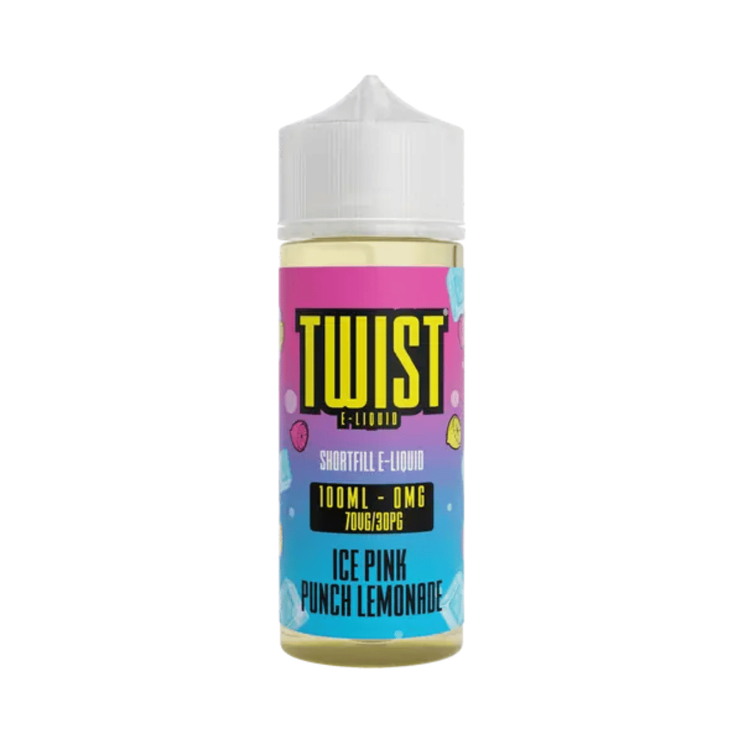 Twist E-Liquid 100ml bottle, Ice Pink Punch Lemonade flavour with vibrant pink and blue label.