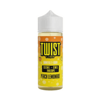 Twist E-Liquid Peach Lemonade 100ml shortfill bottle with a yellow label and fruit graphics.