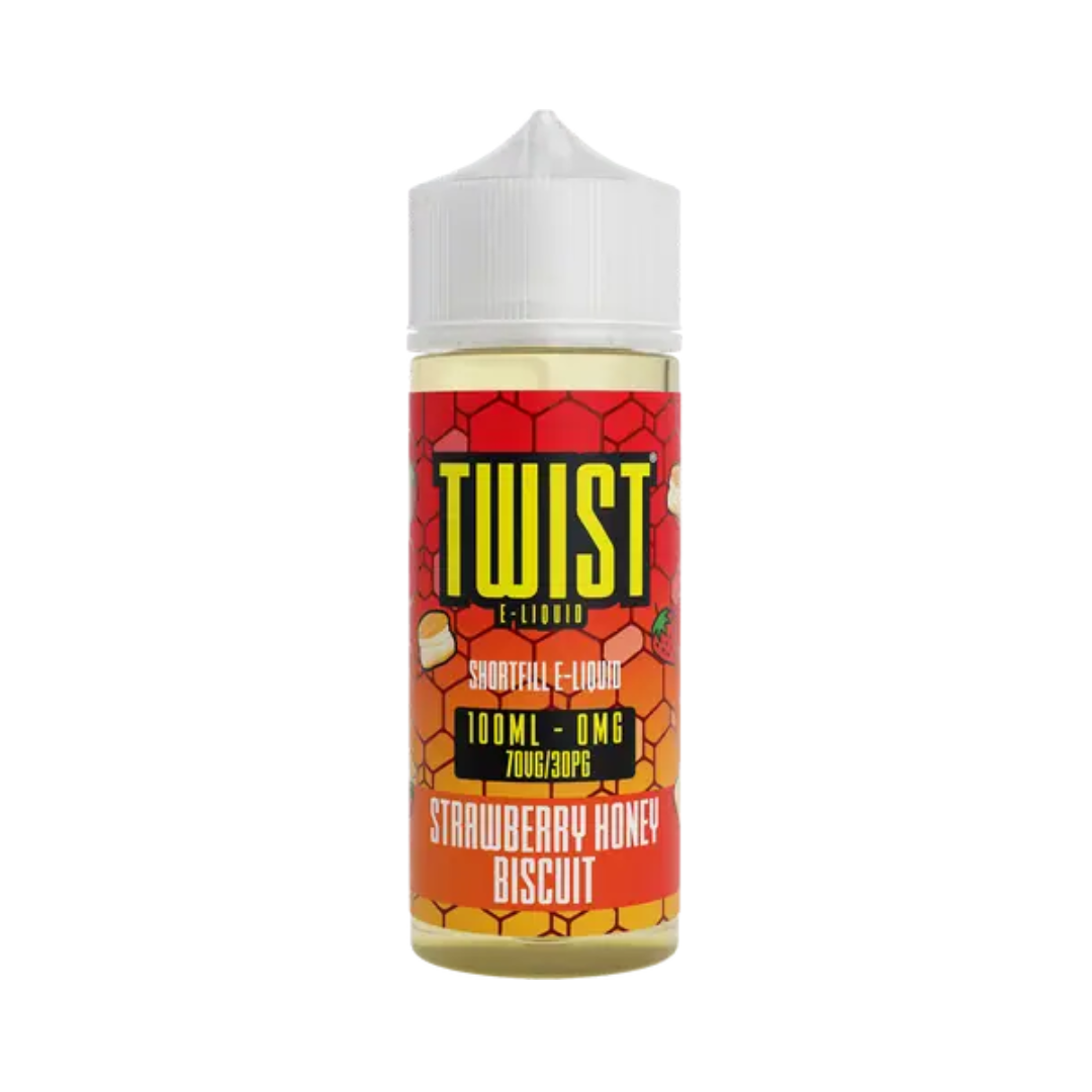 Twist E-liquid 100ml bottle, Strawberry Honey Biscuit flavour, with a honeycomb design.