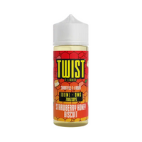 Twist E-liquid 100ml bottle, Strawberry Honey Biscuit flavour, with a honeycomb design.