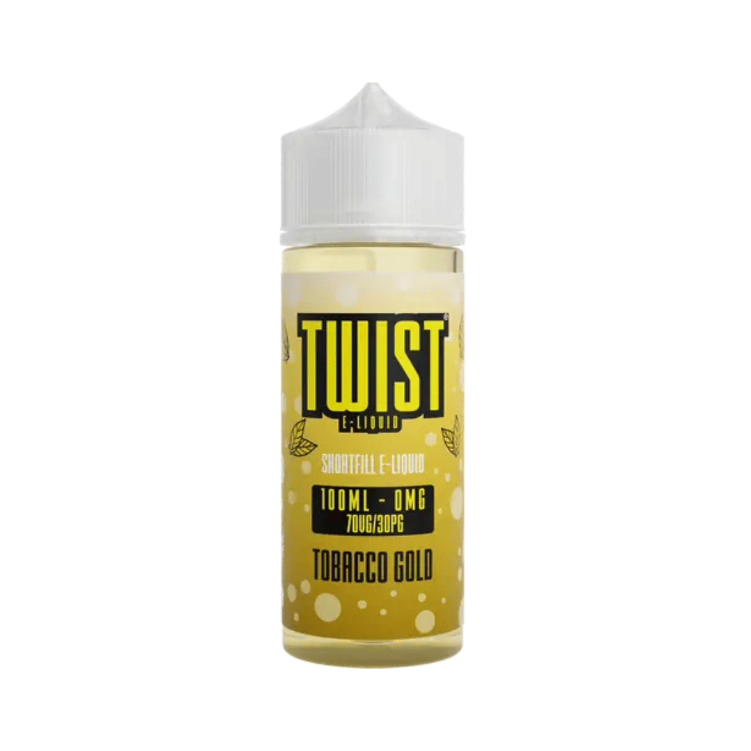 Twist E-Liquid 100ml Shortfill bottle, Tobacco Gold flavour, with a yellow label.