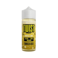 Twist E-Liquid 100ml Shortfill bottle, Tobacco Gold flavour, with a yellow label.