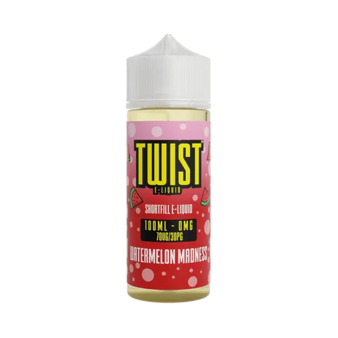 Twist E-Liquid 100ml bottle, Watermelon Madness flavour, with a pink label and watermelon slices.