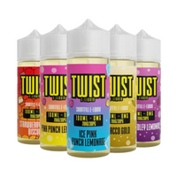 Five bottles of Twist E-Liquid shortfill, featuring various flavours like Ice Pink Punch Lemonade.