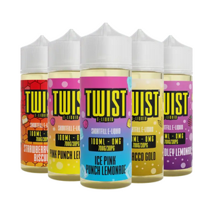 Twist E-liquid 100ml Shortfill e-liquid in strawberry honey biscuit, pink punch lemonade, ice pink punch lemonade, tobacco gold, and berry medley lemonade flavours.