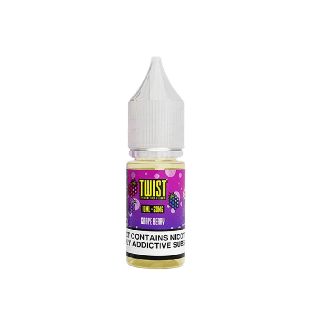 Twist E-Liquid 10ml Nic Salt Grape Berry bottle with purple label and clear cap.