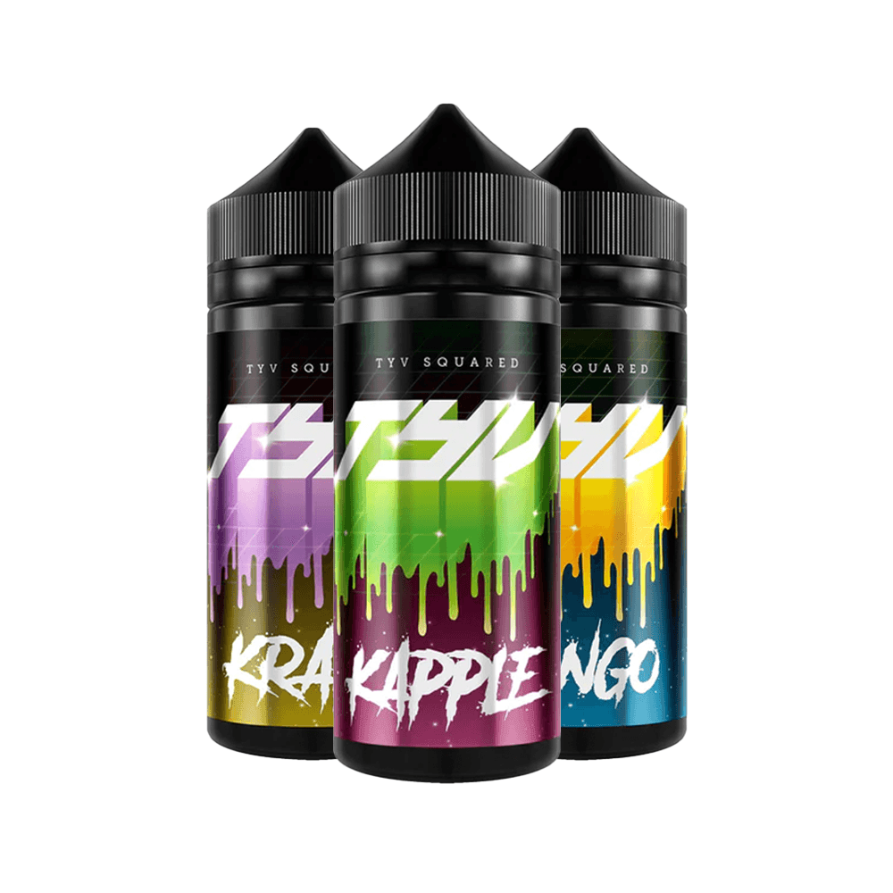 Three TYV Squared e-liquid bottles: Krango, Kipple, and a third blend, with vibrant dripping labels.