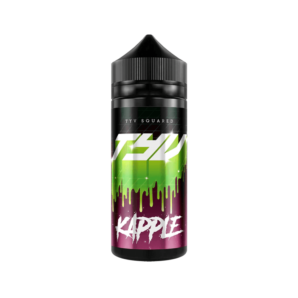 TYV Squared 100ml shortfill bottle with vibrant green and purple label design.