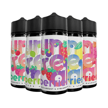 Five bottles of Unreal Berries e-liquid, featuring colourful fruit graphics on the labels.