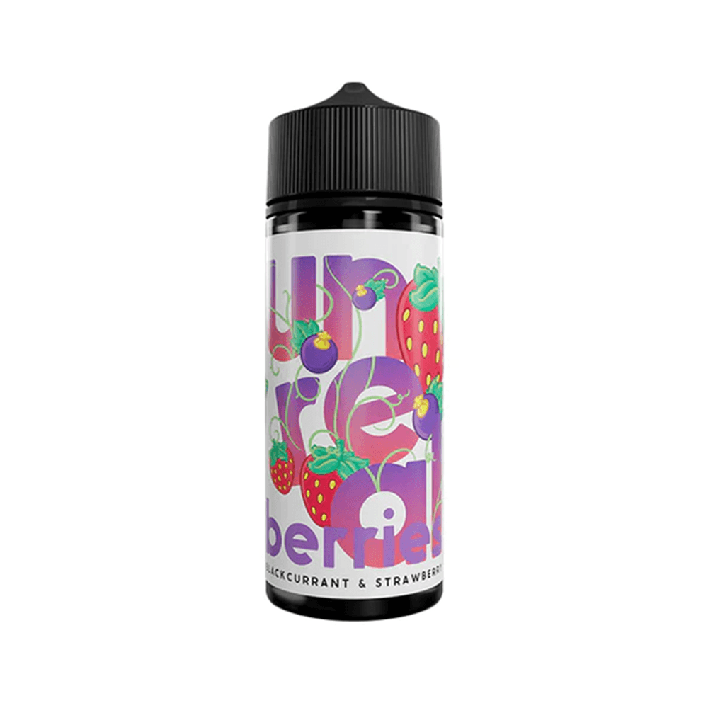 Unreal Berries e-liquid bottle, 100ml, blackcurrant & strawberry flavour with vibrant label.