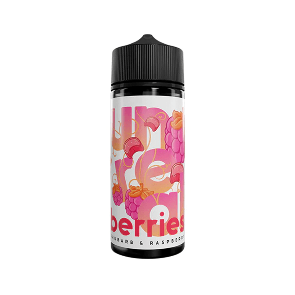 Unreal Berries e-liquid bottle featuring rhubarb and raspberry design, 100ml shortfill.