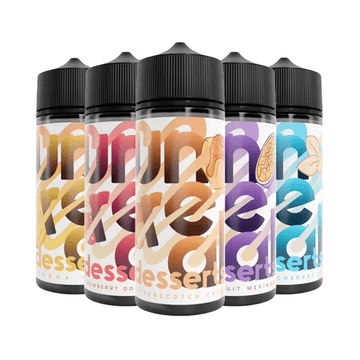 Five Unreal Desserts e-liquid bottles, flavours include Lemon Meringue and Strawberry Donut.