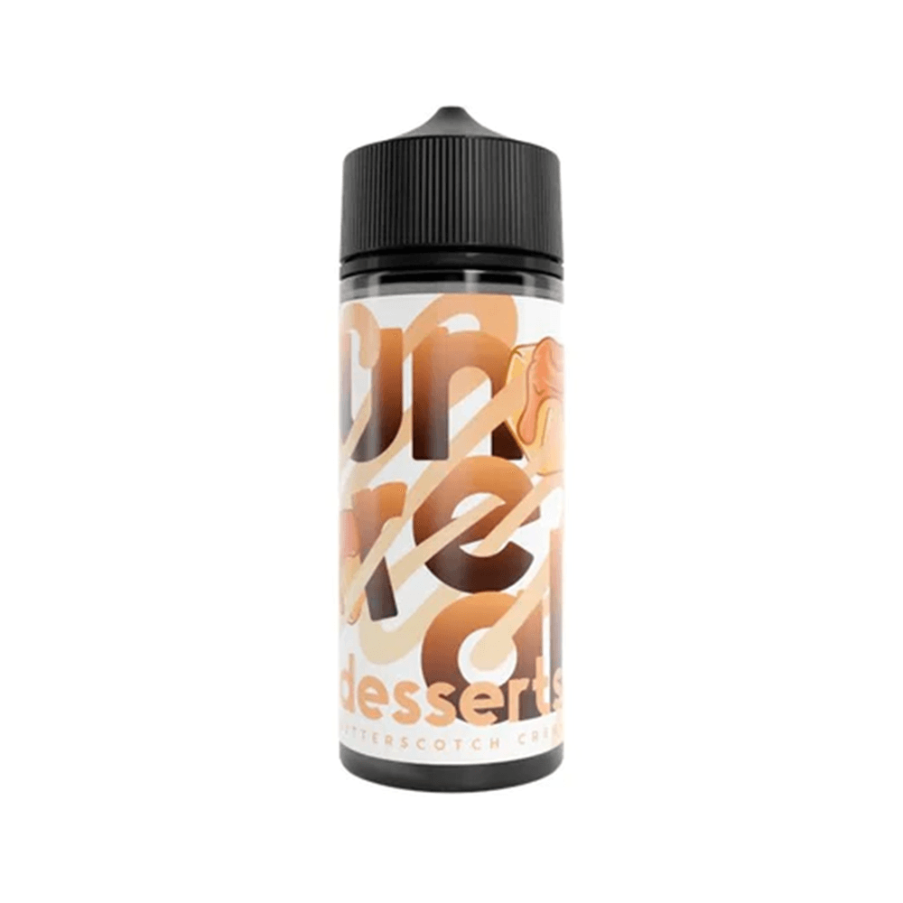 Unreal Desserts Butterscotch Crunch vape juice bottle, 100ml shortfill.