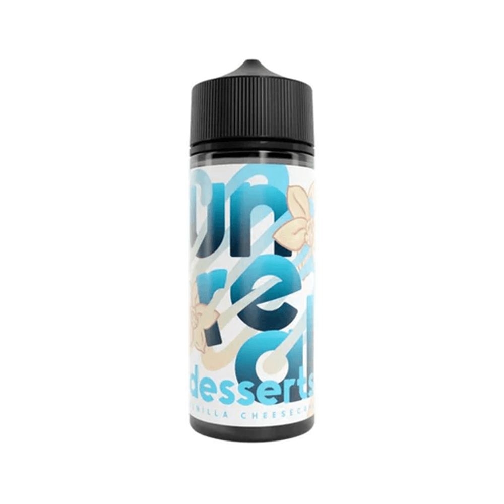 Unreal Desserts Vanilla Cheesecake 100ml shortfill bottle with a blue and cream label design.