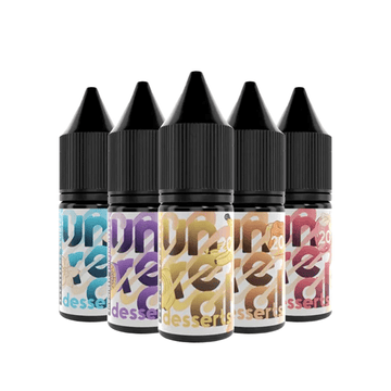 Five Unreal Desserts e-liquid bottles in various flavours from Ecigone Vape Shop UK.