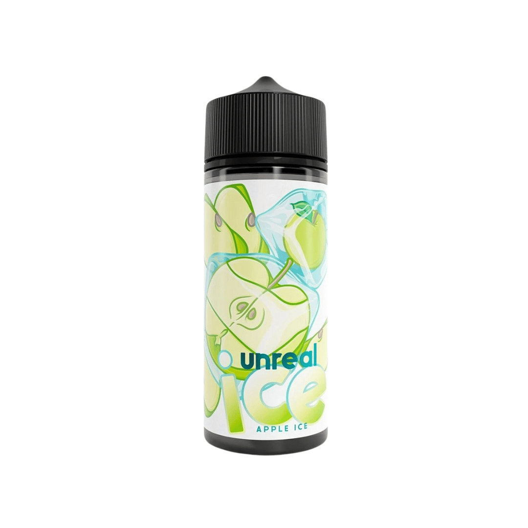 Unreal Ice Apple Ice 100ml shortfill bottle with apple illustrations.