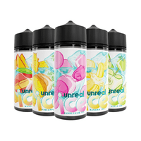 Five Unreal Ice 100ml shortfill bottles with fruit illustrations on the labels.