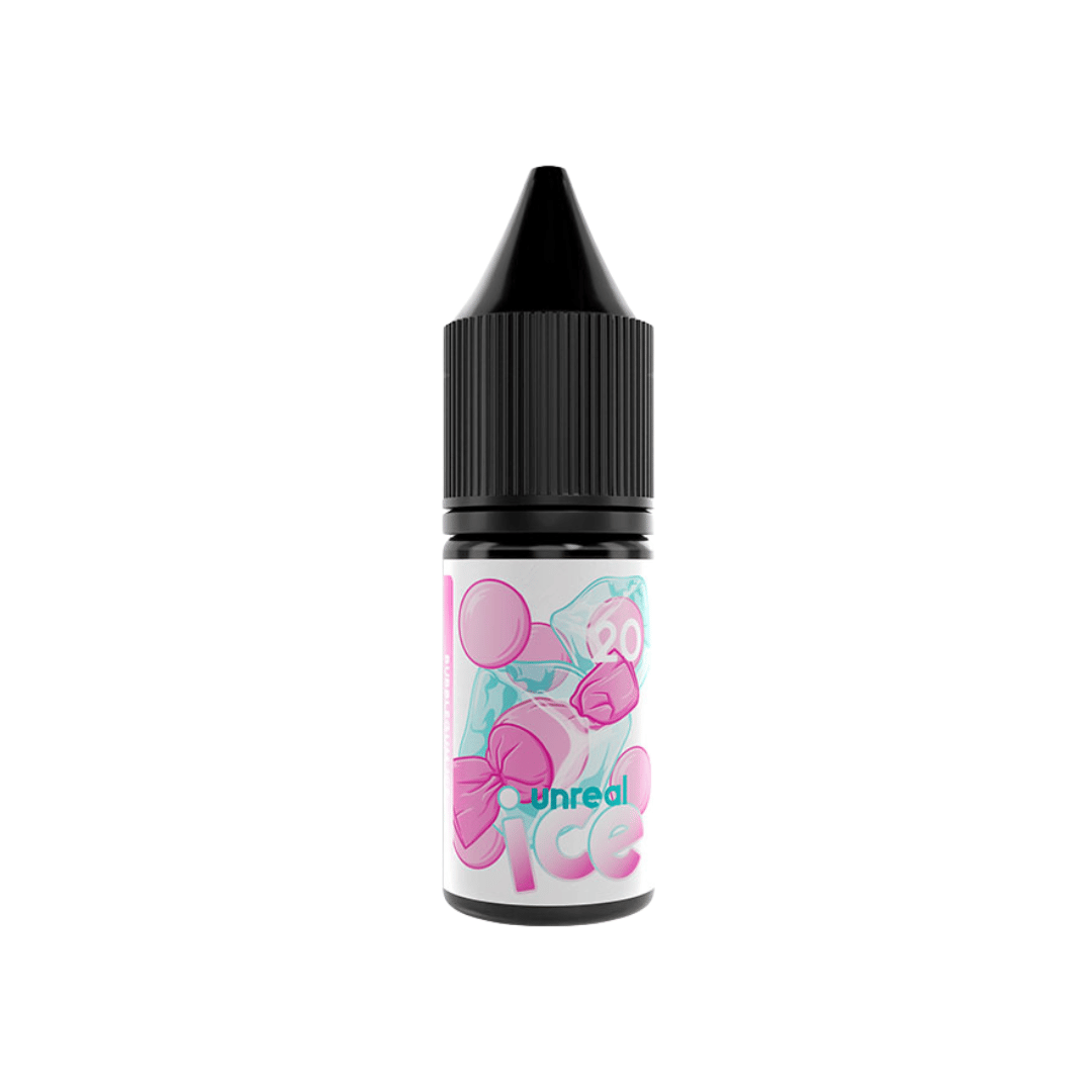 Unreal Ice 10ml Salt Bubblegum vape juice bottle with pink and blue design.