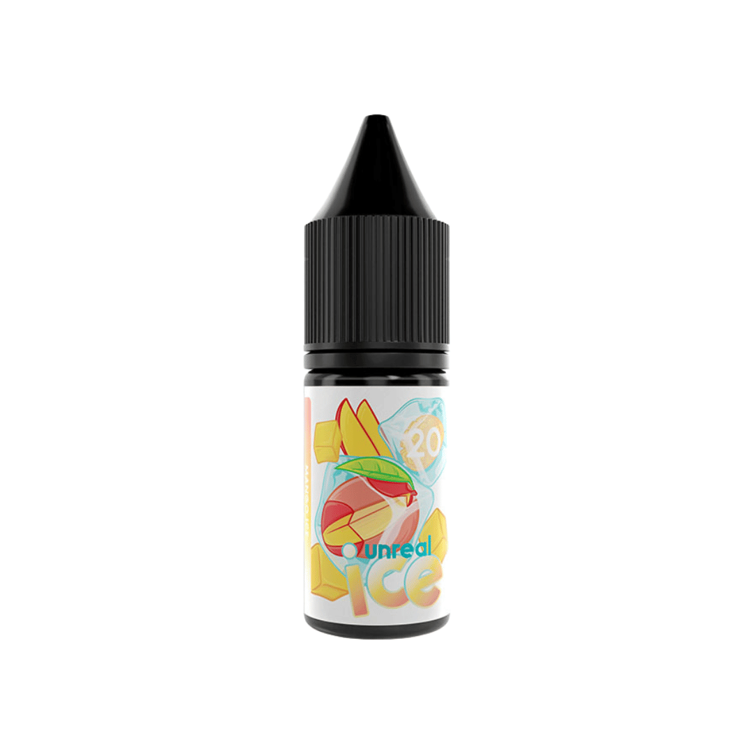 Unreal Ice Mango 10ml salt e-liquid bottle with colourful mango graphics on the label.