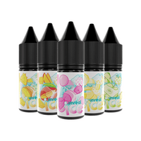 Five bottles of Unreal Ice 10ml salt e-liquid with assorted fruity labels.