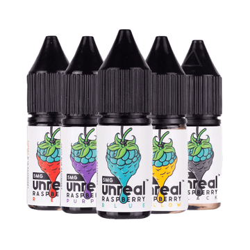 Five Unreal Raspberry vape juice bottles in assorted colours.