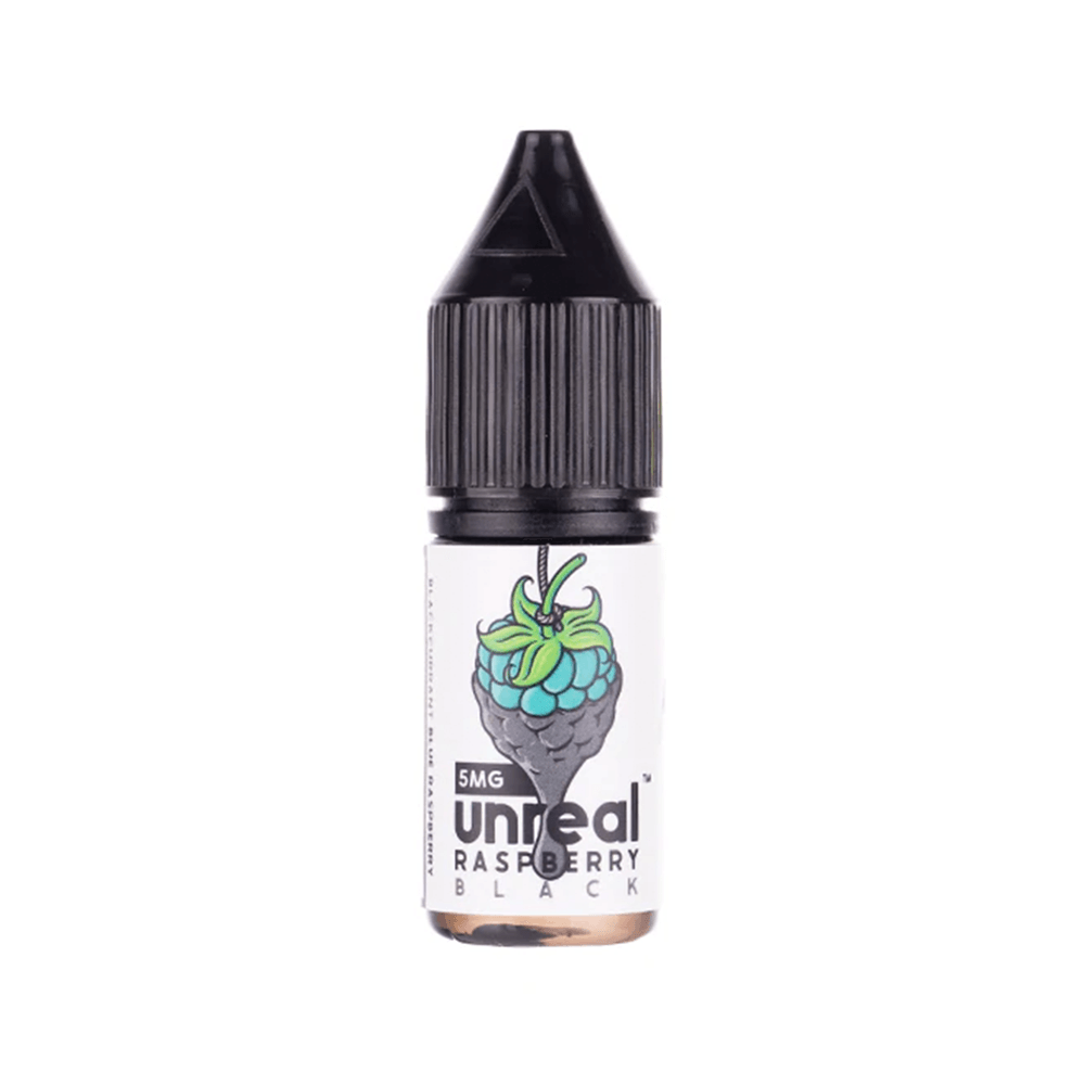 Unreal Raspberry Black vape juice bottle, 10ml, with raspberry graphic.