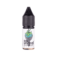 Unreal Raspberry Black vape juice bottle, 10ml, with raspberry graphic.