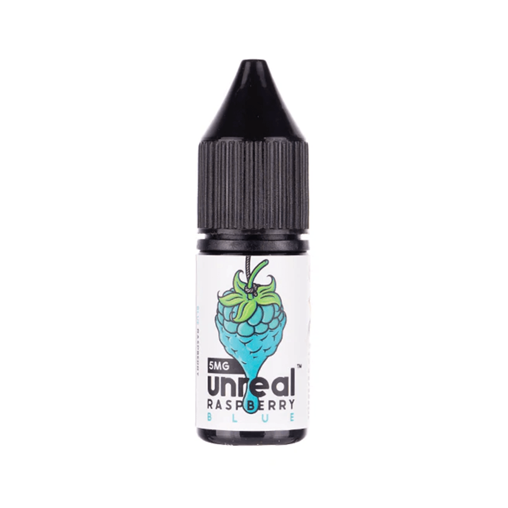 Unreal Raspberry Blue vape juice bottle with black cap, 5mg nicotine salt.