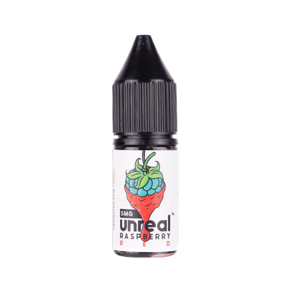 Unreal Raspberry vape juice bottle with black cap and raspberry design.