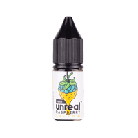 Unreal Raspberry vape juice bottle with yellow and blue berry design, 5mg nicotine salt.