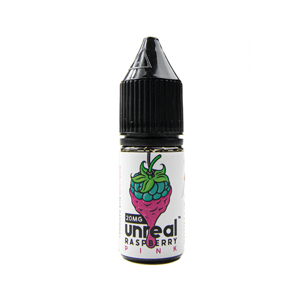 Unreal Raspberry Pink 20mg vape juice bottle with a raspberry graphic on the label.