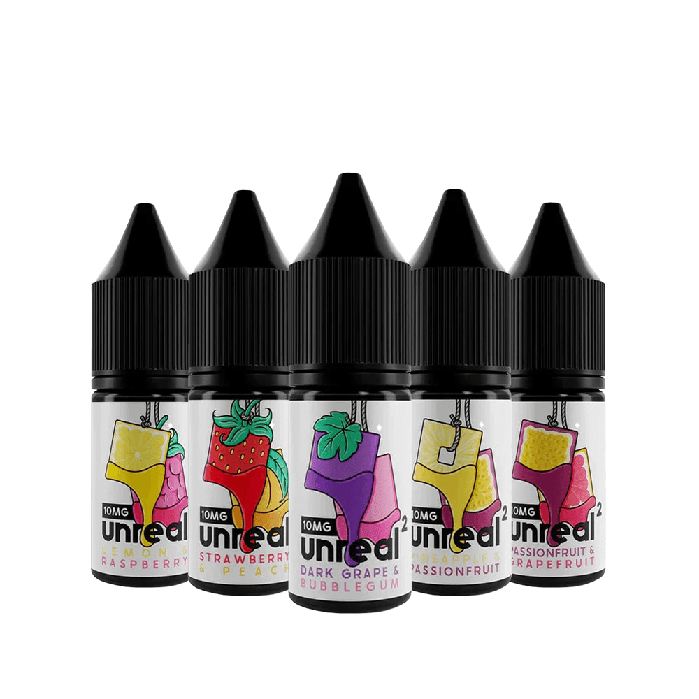 Five bottles of Unreal vape juice in various fruit flavours, 10ml each.