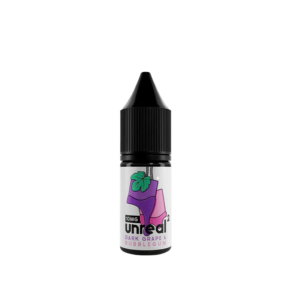 Unreal e-liquid bottle, dark grape and bubblegum flavour, 10ml size.