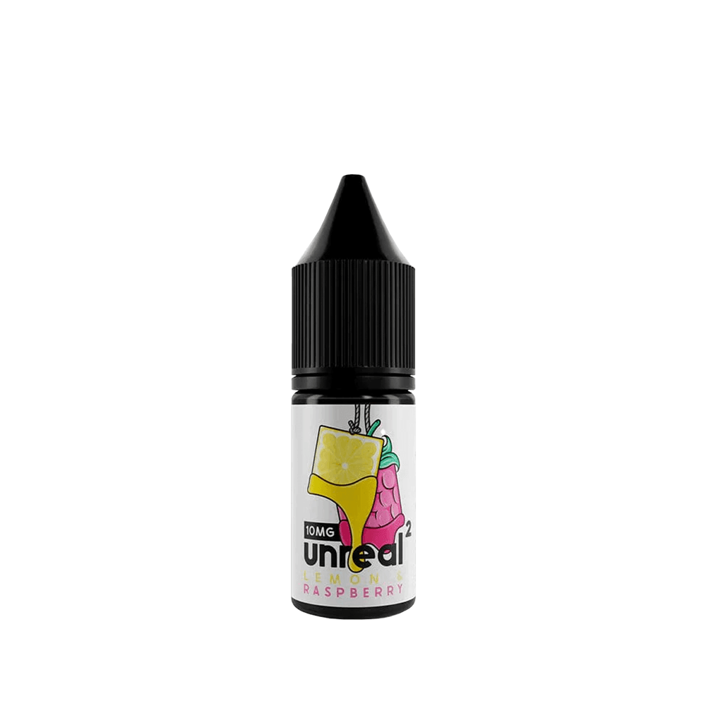 10ml bottle of Unreal Lemon Raspberry vape juice with a black cap.