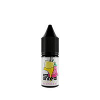 10ml bottle of Unreal Lemon Raspberry vape juice with a black cap.