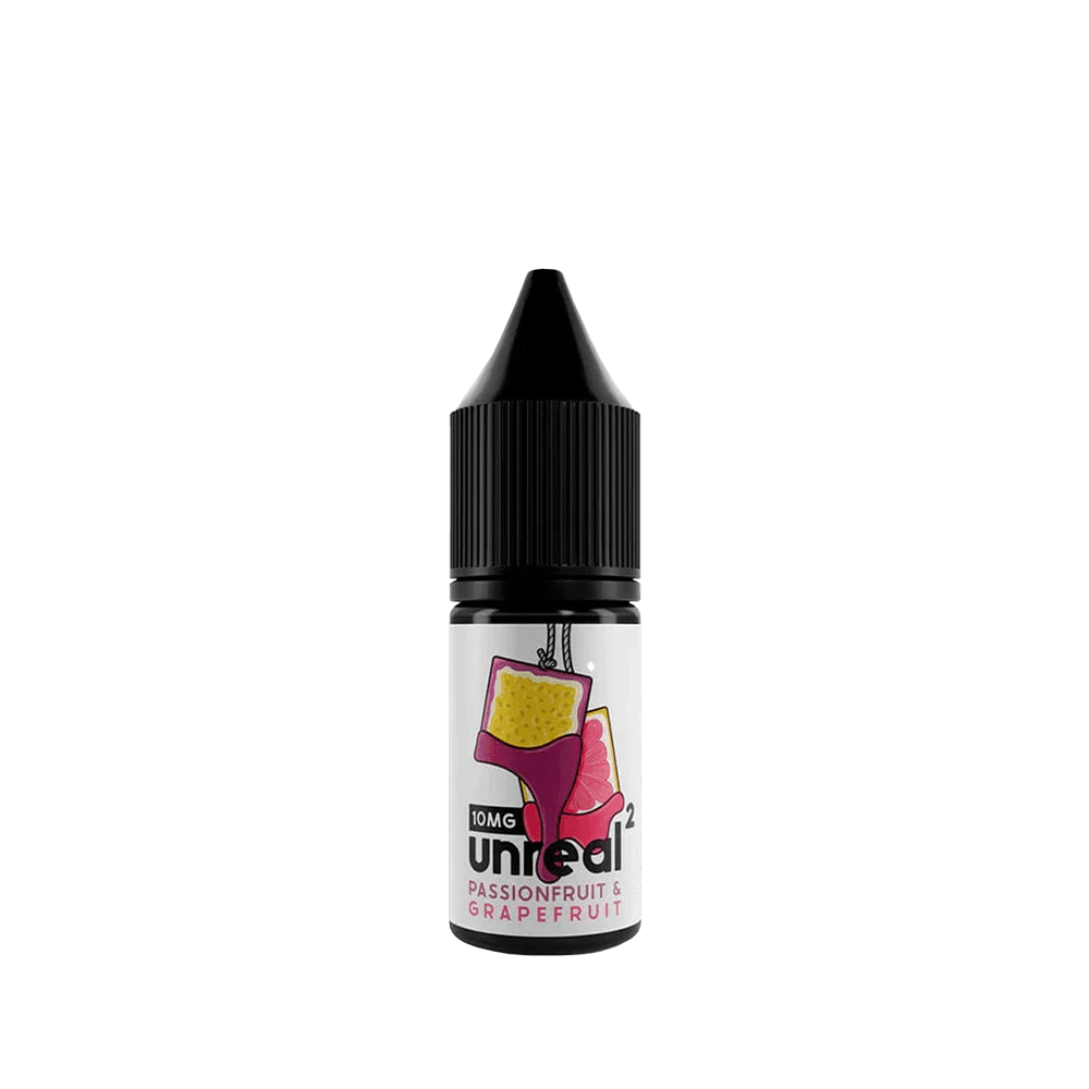 Unreal e-liquid bottle with passionfruit and grapefruit flavour, 10ml, 10mg nicotine salt.