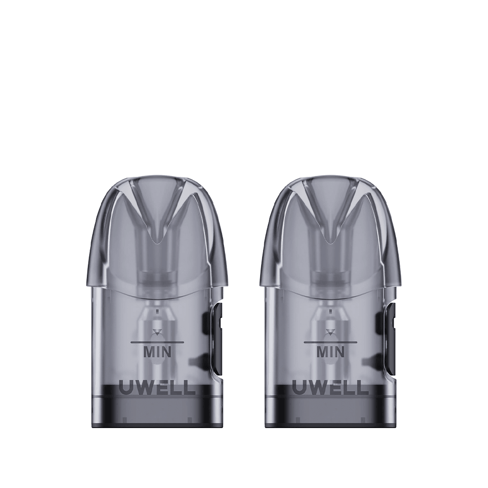 Two Uwell Caliburn A3S replacement vape pods on a white background.