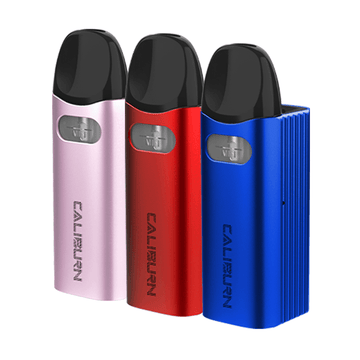 Three Uwell Caliburn AZ3 pod kits in pink, red, and blue, displayed side by side.