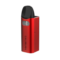 Red Uwell Caliburn AZ3 pod kit with black mouthpiece, displayed on a white background.