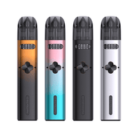 Four Uwell Caliburn Explorer pod kits in orange, teal, black, and silver.