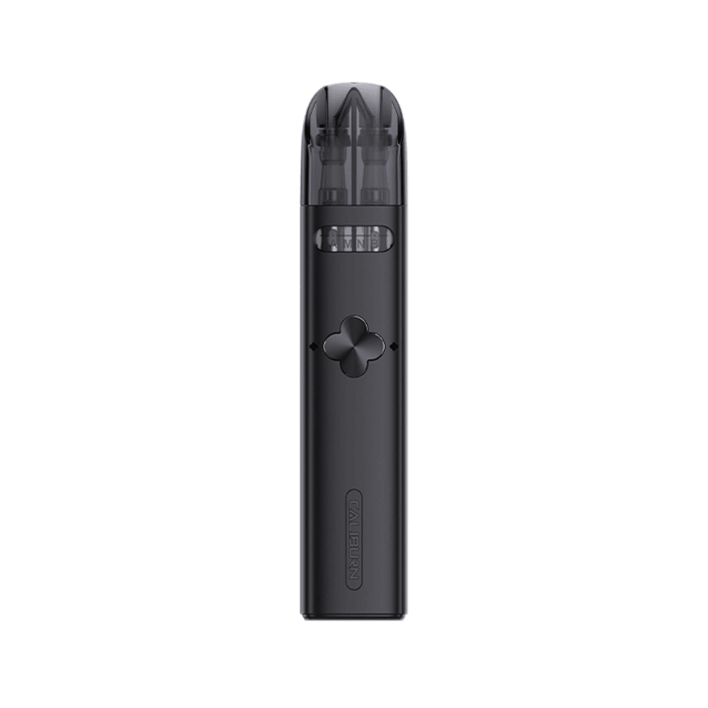 Uwell Caliburn Explorer Pod Kit in black, displayed upright with sleek design.