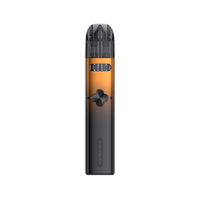 Uwell Caliburn Explorer Pod Kit in black and orange, front view, sleek and modern design.